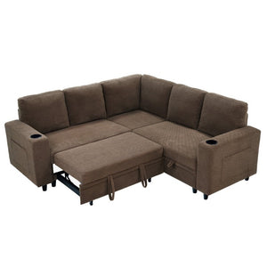English Elm Nubby Textured Sectional Sleeper Sofa with Hidden Storage and Built-In Cup Holders Coffee W5568S00057