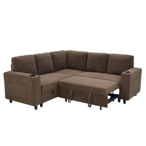 English Elm Nubby Textured Sectional Sleeper Sofa with Hidden Storage and Built-In Cup Holders Coffee W5568S00057
