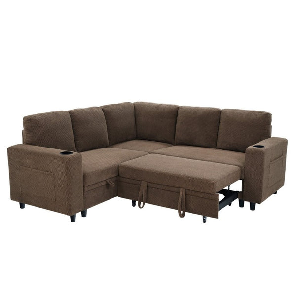 English Elm Nubby Textured Sectional Sleeper Sofa with Hidden Storage and Built-In Cup Holders Coffee W5568S00057
