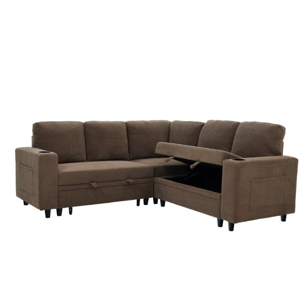 English Elm Nubby Textured Sectional Sleeper Sofa with Hidden Storage and Built-In Cup Holders Coffee W5568S00057