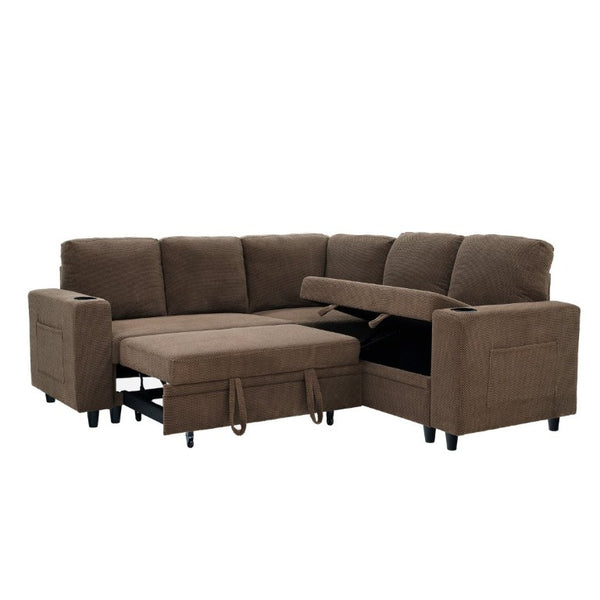English Elm Nubby Textured Sectional Sleeper Sofa with Hidden Storage and Built-In Cup Holders Coffee W5568S00057