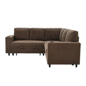 English Elm Nubby Textured Sectional Sleeper Sofa with Hidden Storage and Built-In Cup Holders Coffee W5568S00057