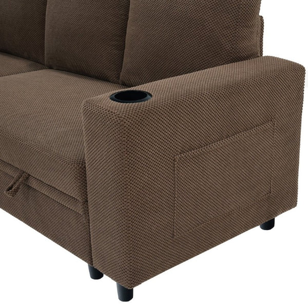 English Elm Nubby Textured Sectional Sleeper Sofa with Hidden Storage and Built-In Cup Holders Coffee W5568S00057