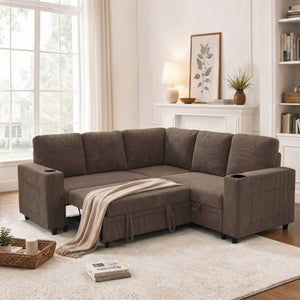 English Elm Nubby Textured Sectional Sleeper Sofa with Hidden Storage and Built-In Cup Holders Coffee W5568S00057