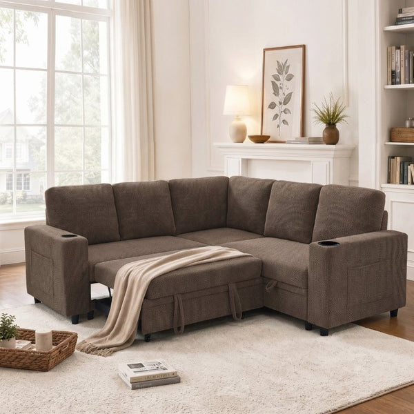 English Elm Nubby Textured Sectional Sleeper Sofa with Hidden Storage and Built-In Cup Holders Coffee W5568S00057