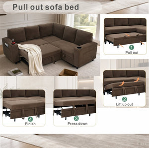 English Elm Nubby Textured Sectional Sleeper Sofa with Hidden Storage and Built-In Cup Holders Coffee W5568S00057