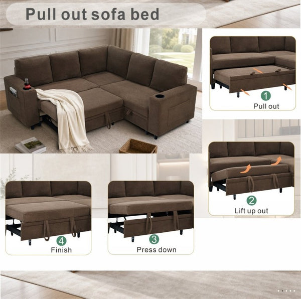 English Elm Nubby Textured Sectional Sleeper Sofa with Hidden Storage and Built-In Cup Holders Coffee W5568S00057