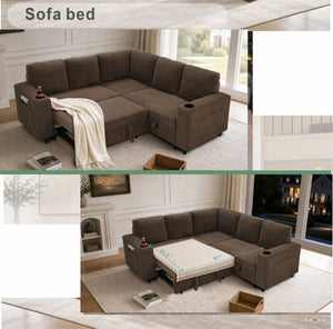 English Elm Nubby Textured Sectional Sleeper Sofa with Hidden Storage and Built-In Cup Holders Coffee W5568S00057