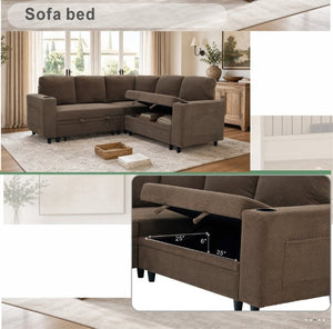 English Elm Nubby Textured Sectional Sleeper Sofa with Hidden Storage and Built-In Cup Holders Coffee W5568S00057