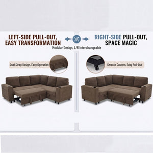 English Elm Nubby Textured Sectional Sleeper Sofa with Hidden Storage and Built-In Cup Holders Coffee W5568S00057