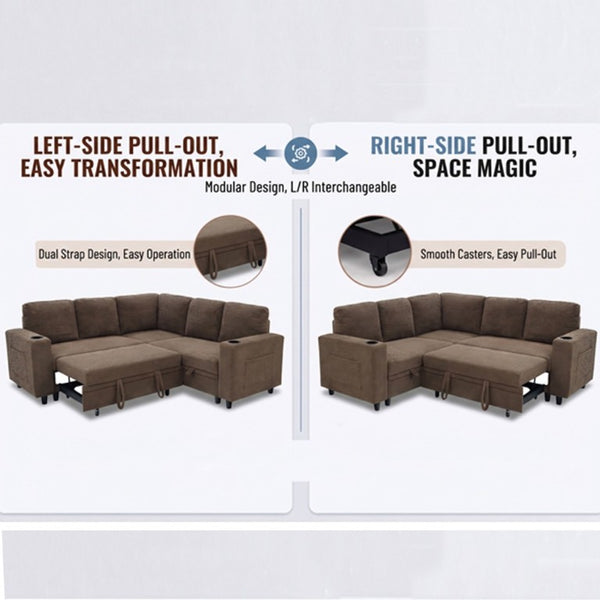 English Elm Nubby Textured Sectional Sleeper Sofa with Hidden Storage and Built-In Cup Holders Coffee W5568S00057