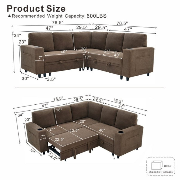 English Elm Nubby Textured Sectional Sleeper Sofa with Hidden Storage and Built-In Cup Holders Coffee W5568S00057