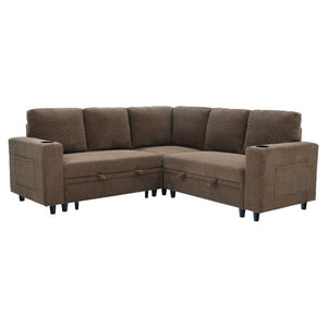 English Elm Nubby Textured Sectional Sleeper Sofa with Hidden Storage and Built-In Cup Holders Coffee W5568S00057
