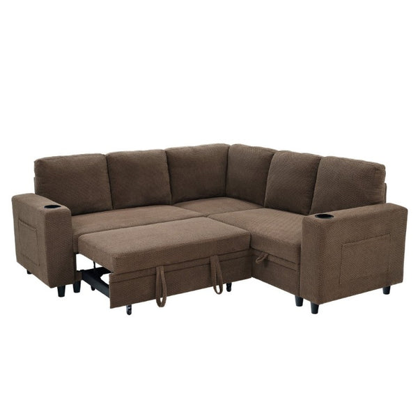 English Elm Nubby Textured Sectional Sleeper Sofa with Hidden Storage and Built-In Cup Holders Coffee W5568S00057