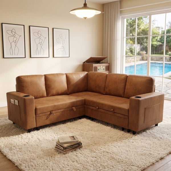 English Elm Nubby Textured Sectional Sleeper Sofa with Hidden Storage and Built-In Cup Holders Light Brown W5568S00058