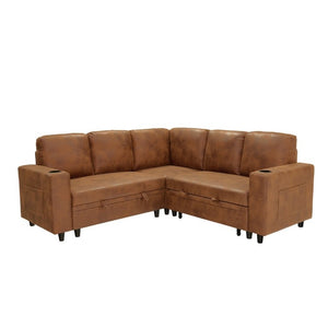 English Elm Nubby Textured Sectional Sleeper Sofa with Hidden Storage and Built-In Cup Holders Light Brown W5568S00058