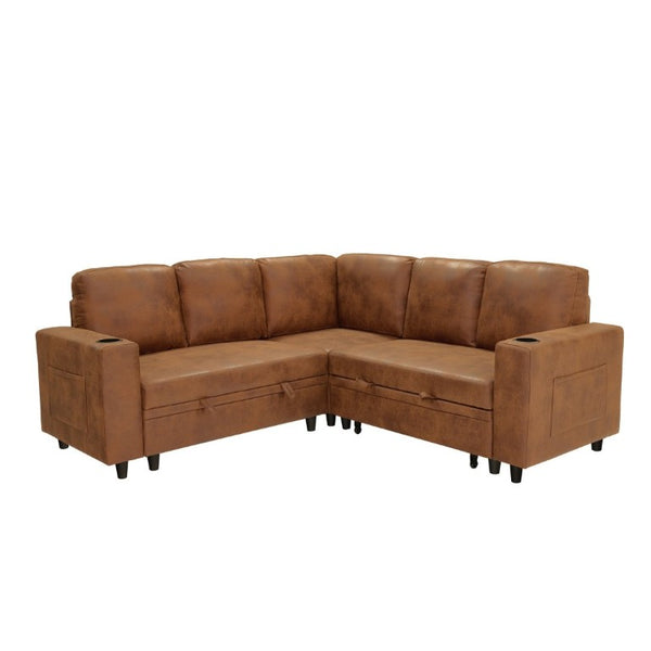 English Elm Nubby Textured Sectional Sleeper Sofa with Hidden Storage and Built-In Cup Holders Light Brown W5568S00058