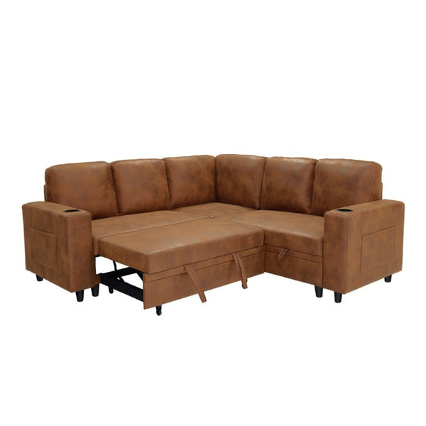 English Elm Nubby Textured Sectional Sleeper Sofa with Hidden Storage and Built-In Cup Holders Light Brown W5568S00058