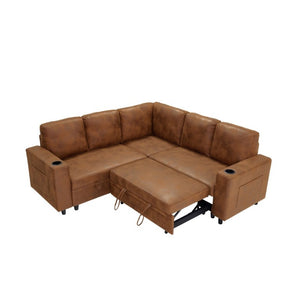 English Elm Nubby Textured Sectional Sleeper Sofa with Hidden Storage and Built-In Cup Holders Light Brown W5568S00058