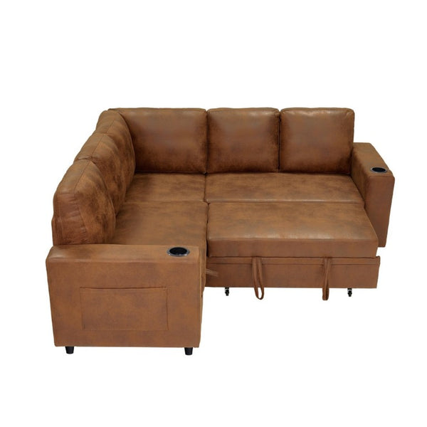 English Elm Nubby Textured Sectional Sleeper Sofa with Hidden Storage and Built-In Cup Holders Light Brown W5568S00058