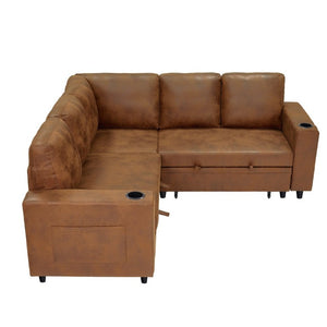 English Elm Nubby Textured Sectional Sleeper Sofa with Hidden Storage and Built-In Cup Holders Light Brown W5568S00058