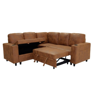 English Elm Nubby Textured Sectional Sleeper Sofa with Hidden Storage and Built-In Cup Holders Light Brown W5568S00058