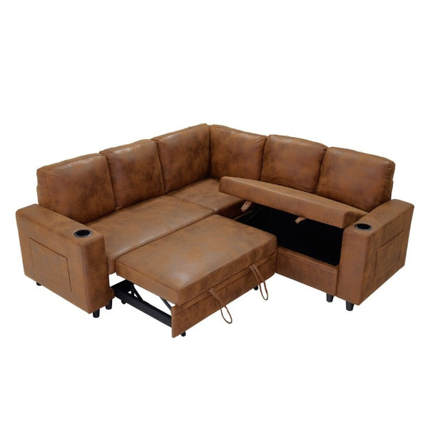 English Elm Nubby Textured Sectional Sleeper Sofa with Hidden Storage and Built-In Cup Holders Light Brown W5568S00058