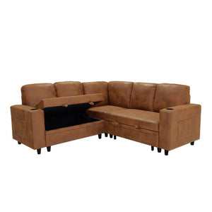 English Elm Nubby Textured Sectional Sleeper Sofa with Hidden Storage and Built-In Cup Holders Light Brown W5568S00058