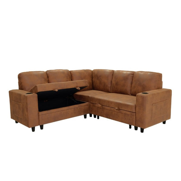 English Elm Nubby Textured Sectional Sleeper Sofa with Hidden Storage and Built-In Cup Holders Light Brown W5568S00058