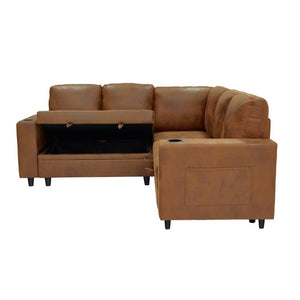 English Elm Nubby Textured Sectional Sleeper Sofa with Hidden Storage and Built-In Cup Holders Light Brown W5568S00058