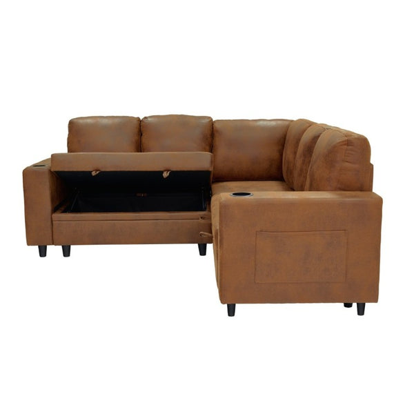 English Elm Nubby Textured Sectional Sleeper Sofa with Hidden Storage and Built-In Cup Holders Light Brown W5568S00058