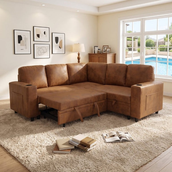 English Elm Nubby Textured Sectional Sleeper Sofa with Hidden Storage and Built-In Cup Holders Light Brown W5568S00058