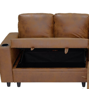 English Elm Nubby Textured Sectional Sleeper Sofa with Hidden Storage and Built-In Cup Holders Light Brown W5568S00058