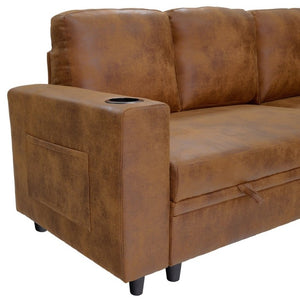 English Elm Nubby Textured Sectional Sleeper Sofa with Hidden Storage and Built-In Cup Holders Light Brown W5568S00058