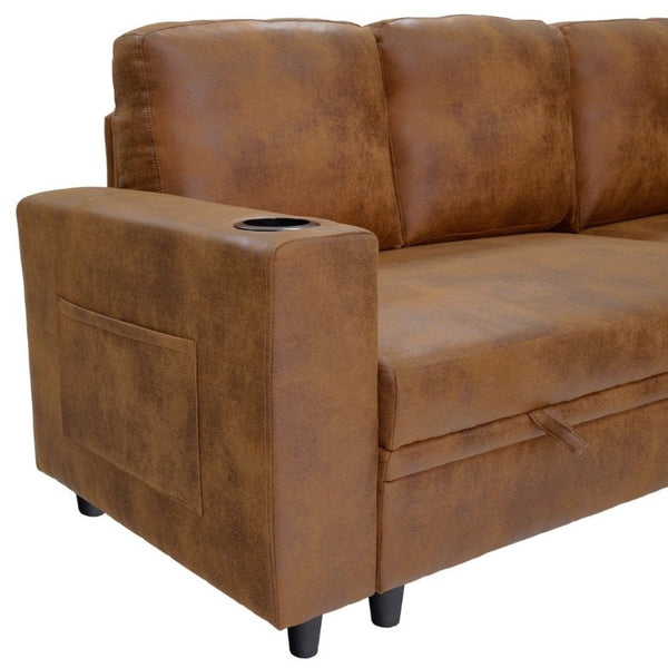 English Elm Nubby Textured Sectional Sleeper Sofa with Hidden Storage and Built-In Cup Holders Light Brown W5568S00058