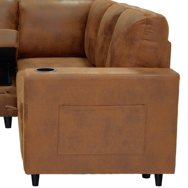 English Elm Nubby Textured Sectional Sleeper Sofa with Hidden Storage and Built-In Cup Holders Light Brown W5568S00058