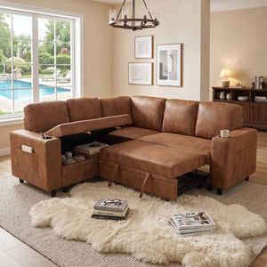 English Elm Nubby Textured Sectional Sleeper Sofa with Hidden Storage and Built-In Cup Holders Light Brown W5568S00058