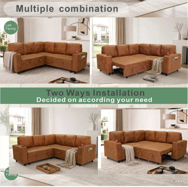 English Elm Nubby Textured Sectional Sleeper Sofa with Hidden Storage and Built-In Cup Holders Light Brown W5568S00058