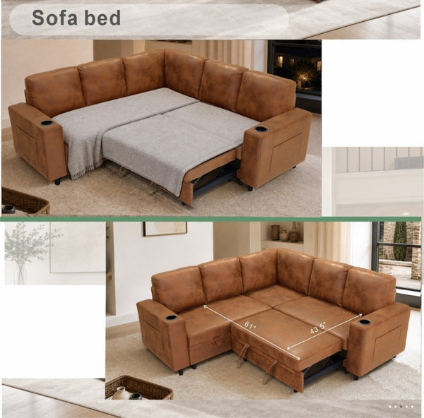 English Elm Nubby Textured Sectional Sleeper Sofa with Hidden Storage and Built-In Cup Holders Light Brown W5568S00058