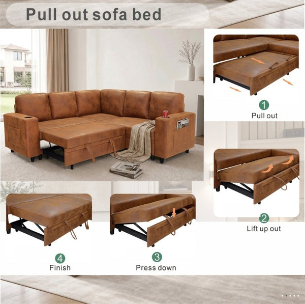English Elm Nubby Textured Sectional Sleeper Sofa with Hidden Storage and Built-In Cup Holders Light Brown W5568S00058
