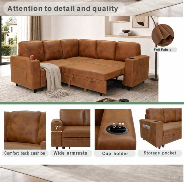 English Elm Nubby Textured Sectional Sleeper Sofa with Hidden Storage and Built-In Cup Holders Light Brown W5568S00058