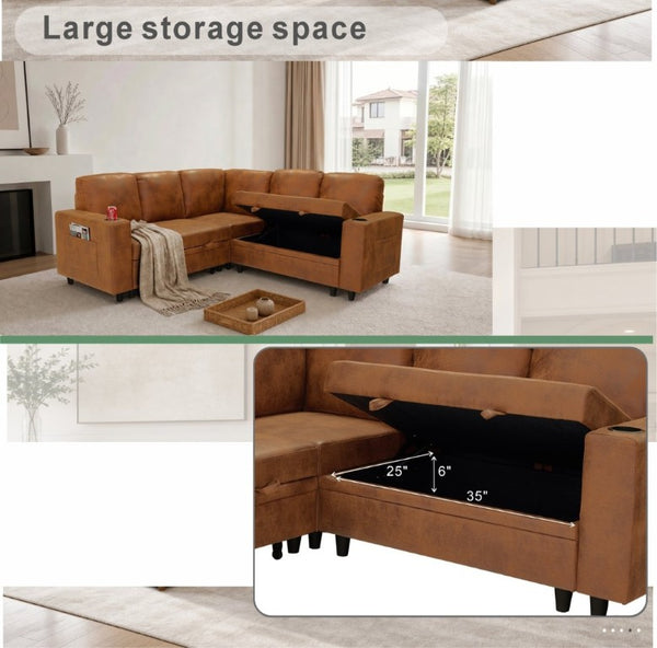 English Elm Nubby Textured Sectional Sleeper Sofa with Hidden Storage and Built-In Cup Holders Light Brown W5568S00058