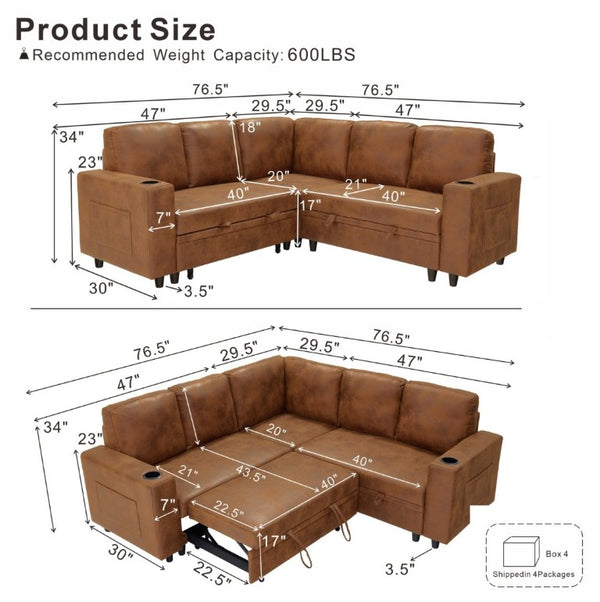 English Elm Nubby Textured Sectional Sleeper Sofa with Hidden Storage and Built-In Cup Holders Light Brown W5568S00058