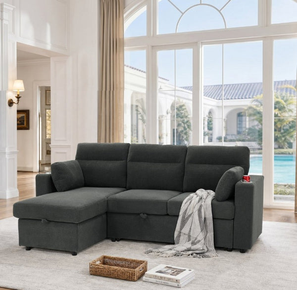 English Elm 82.5 Inch L-Shaped Sleeper Sectional with Storage Chaise and Convertible Pull-Out Bed Dark Gray W5568S00065