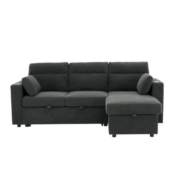 English Elm 82.5 Inch L-Shaped Sleeper Sectional with Storage Chaise and Convertible Pull-Out Bed Dark Gray W5568S00065