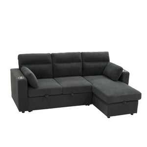 English Elm 82.5 Inch L-Shaped Sleeper Sectional with Storage Chaise and Convertible Pull-Out Bed Dark Gray W5568S00065