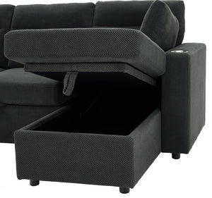 English Elm 82.5 Inch L-Shaped Sleeper Sectional with Storage Chaise and Convertible Pull-Out Bed Dark Gray W5568S00065
