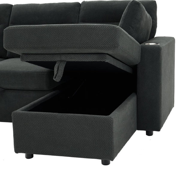 English Elm 82.5 Inch L-Shaped Sleeper Sectional with Storage Chaise and Convertible Pull-Out Bed Dark Gray W5568S00065