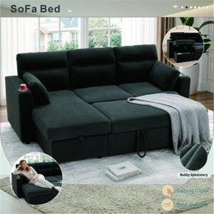 English Elm 82.5 Inch L-Shaped Sleeper Sectional with Storage Chaise and Convertible Pull-Out Bed Dark Gray W5568S00065