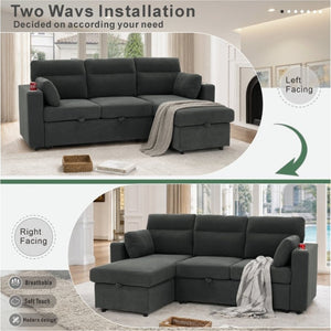 English Elm 82.5 Inch L-Shaped Sleeper Sectional with Storage Chaise and Convertible Pull-Out Bed Dark Gray W5568S00065